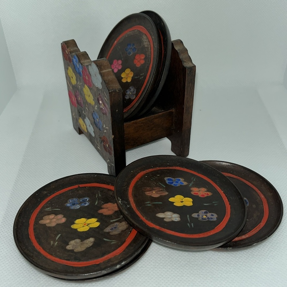 Vintage  hand craved painted flower wooden coaster set of 6 with holder